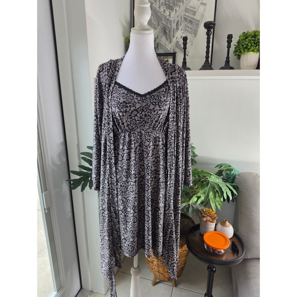 Rene Rofe Sleepwear Womens‎ 1X Pink Black Lace Print Robe and Nightgown Set